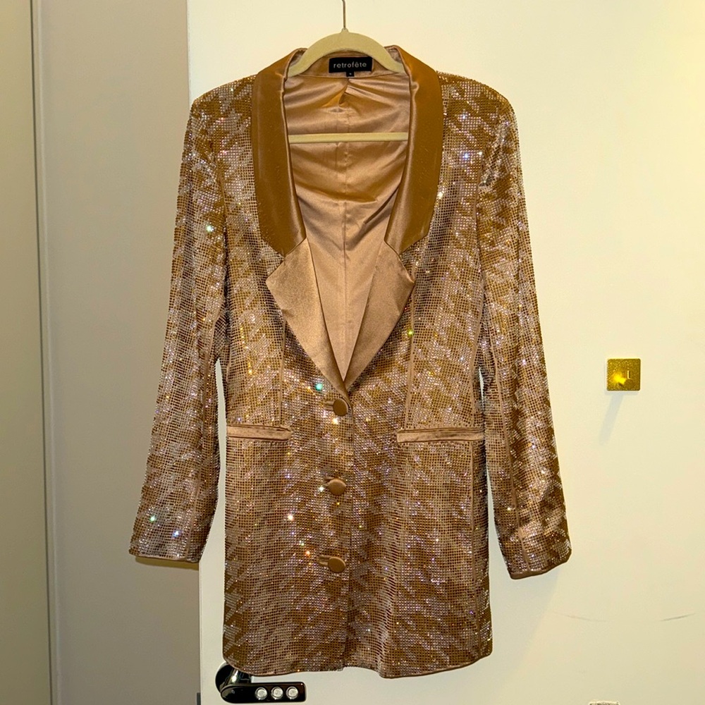 Retrofete size small dazzling blazer mini dress! Soft beige with satin finish.